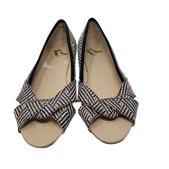 Report Vegan Geranium Herringbone Bow Peep-Toe Flats Sz 6 Beige Black Twee - Picture 2 of 11